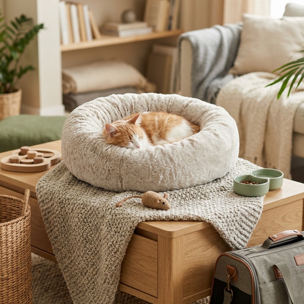 Animal de compagnie cocooné dans un univers doux et apaisant, entre paniers confortables et jouets d'enrichissement.