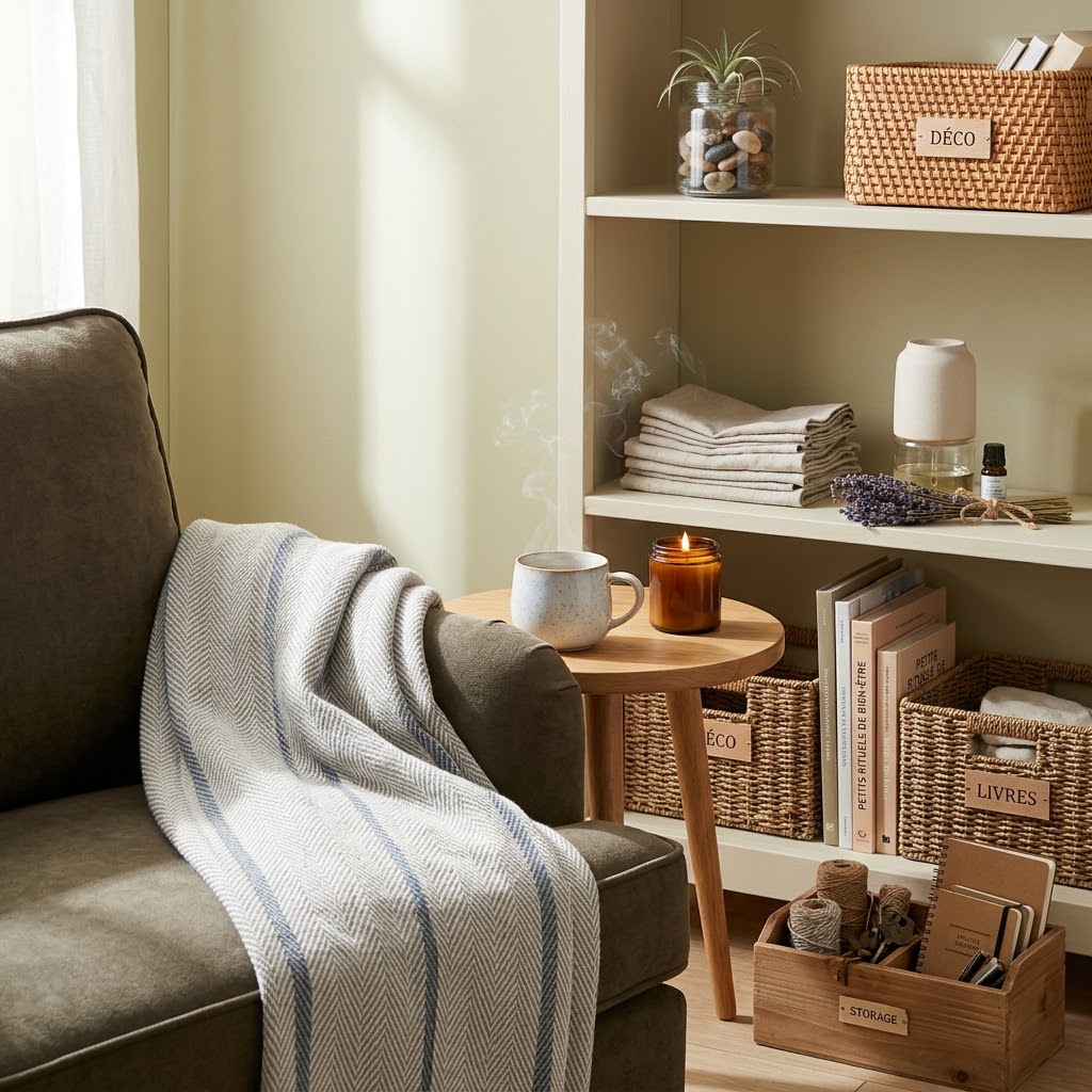 Intérieur chaleureux et organisé de l'univers maison, avec des objets de rangement malin et de bien-être.